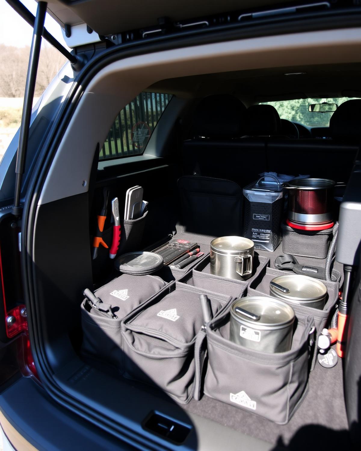 Organised SUV cargo area with black nylon compartments holding cookware and tools