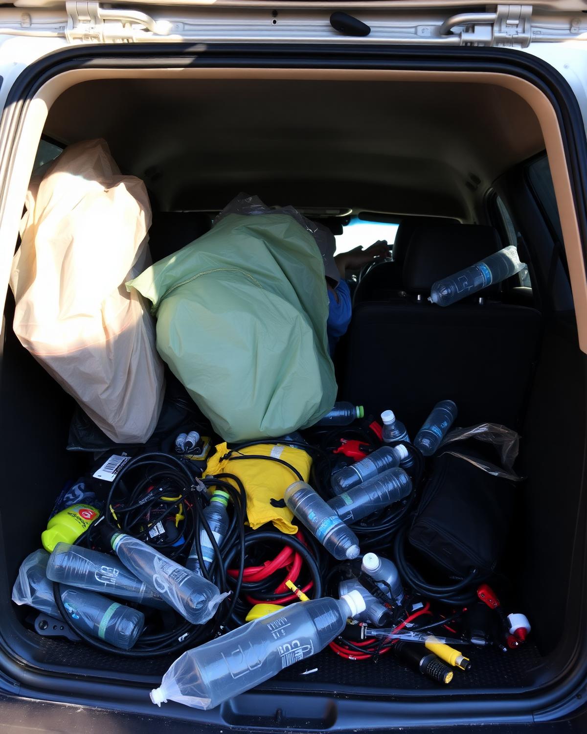 Disorganised SUV cargo area with loose bottles, cables and plastic bags in a pile