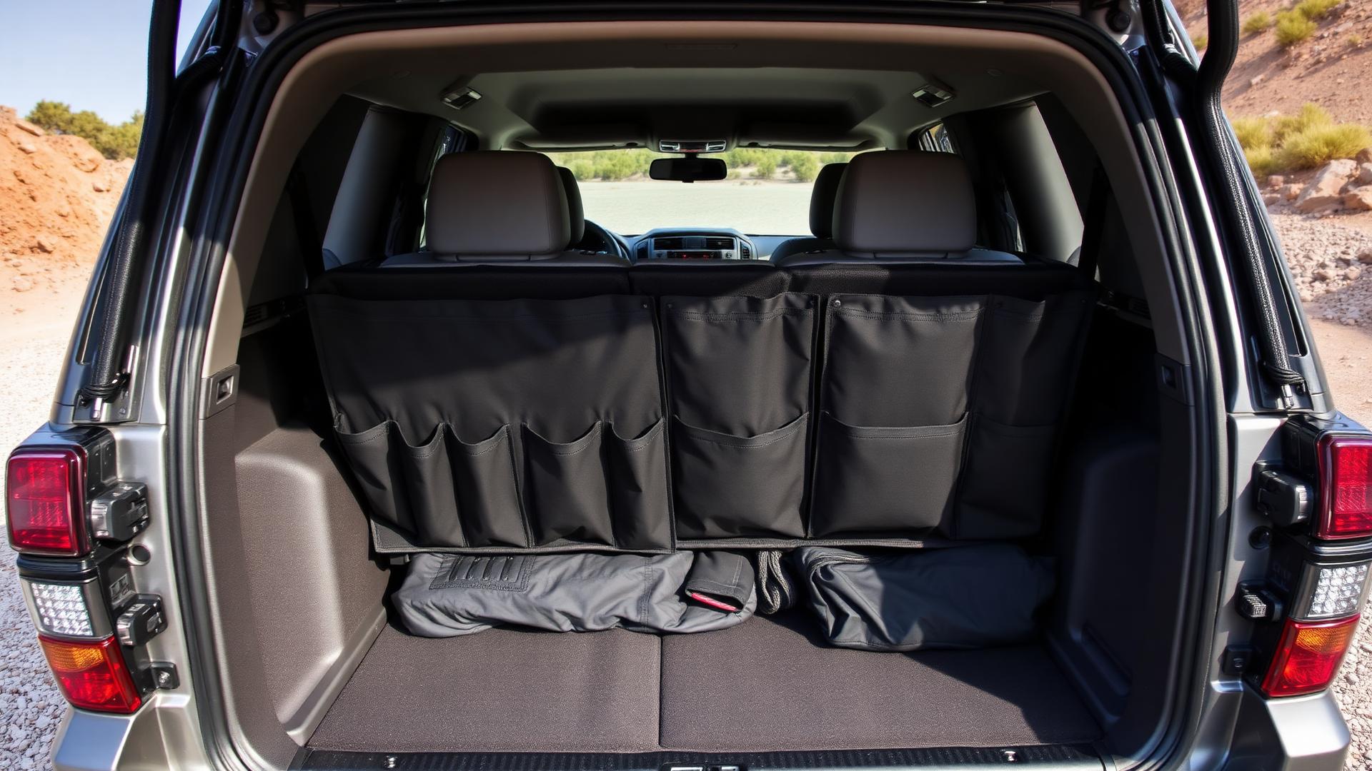 Organised cargo area of a 4Runner with black nylon organiser panels holding gear, tailgate open