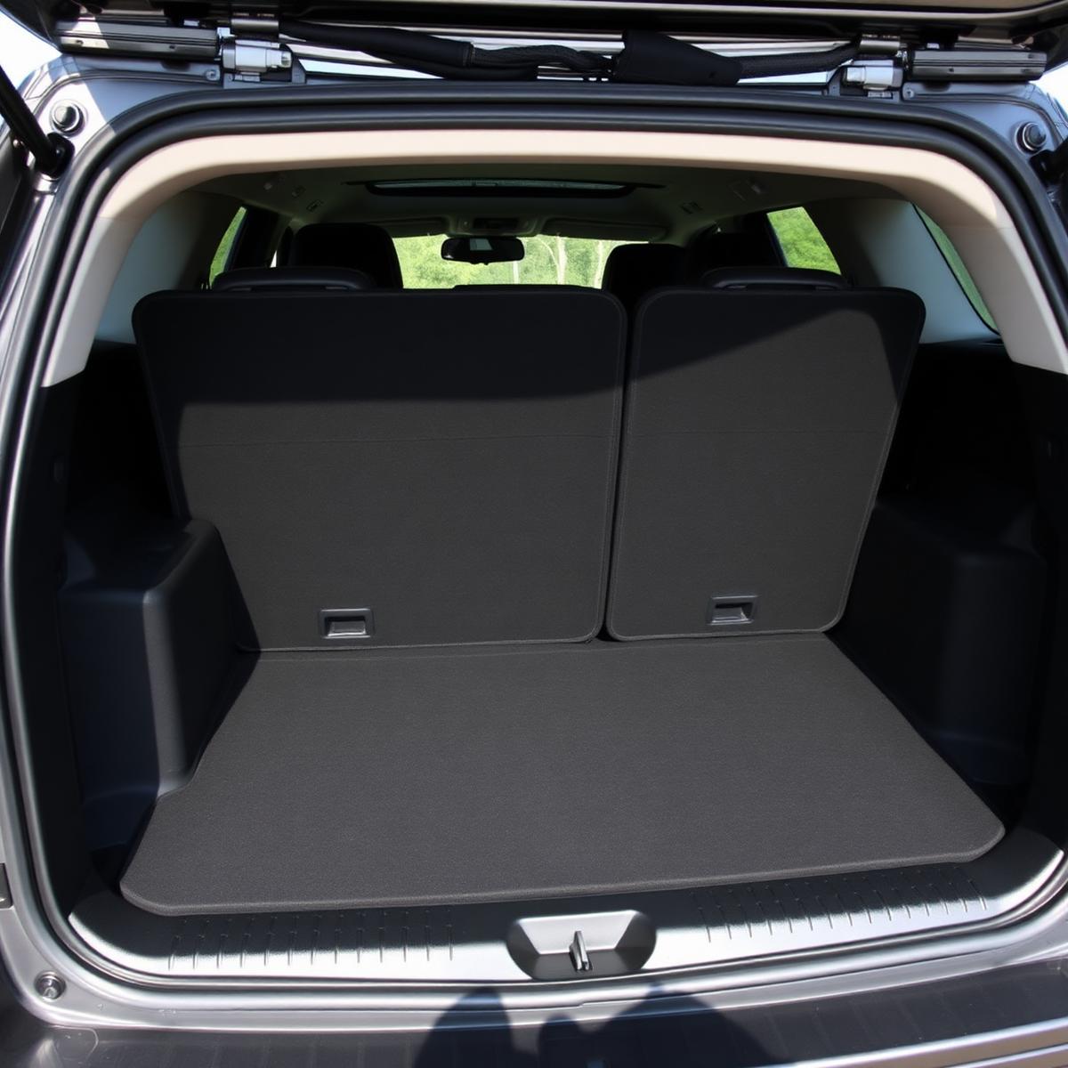 Matte black cargo divider system installed in an SUV boot creating four compartments