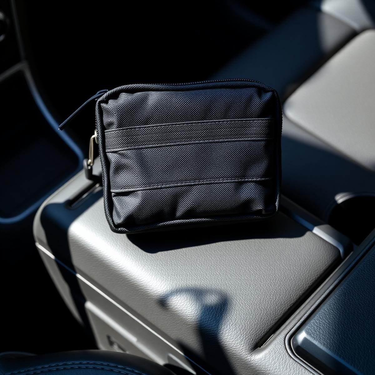 Small matte black zip pouch resting on a vehicle centre console lid