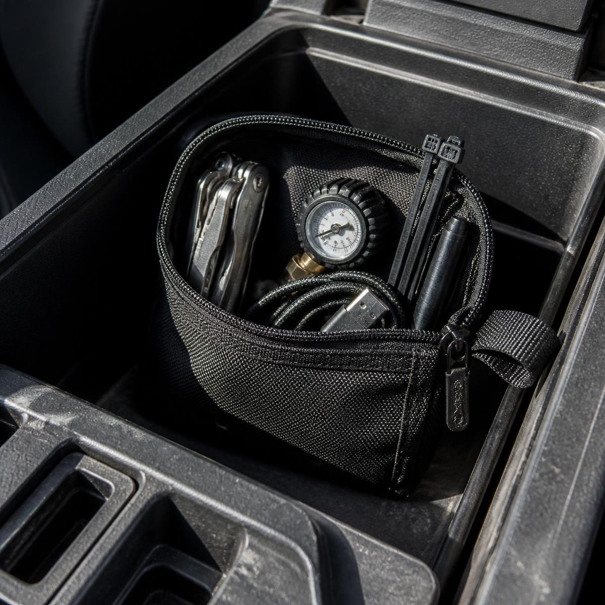 Small matte black zip pouch resting on a vehicle centre console lid