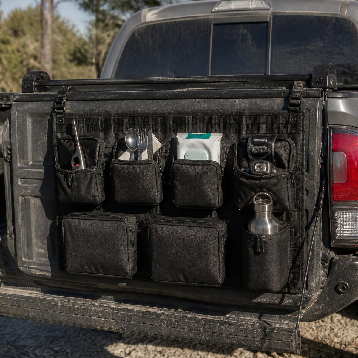 Matte black hanging tailgate organiser with rows of pouches on an open pickup tailgate