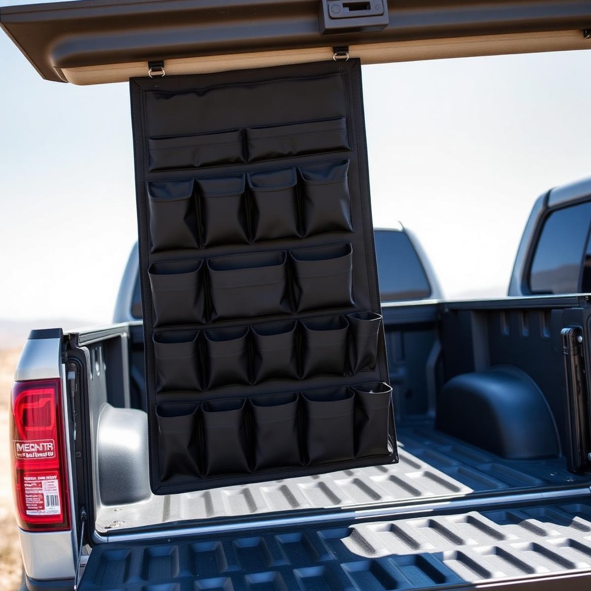 Matte black hanging tailgate organiser with rows of pouches on an open pickup tailgate
