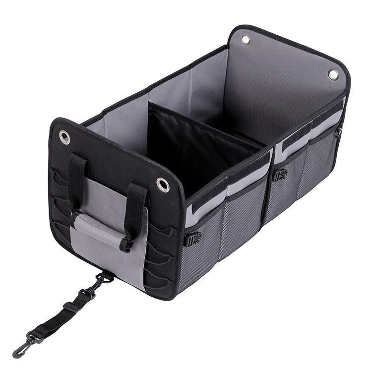 Collapsible black car trunk organiser with multiple compartments